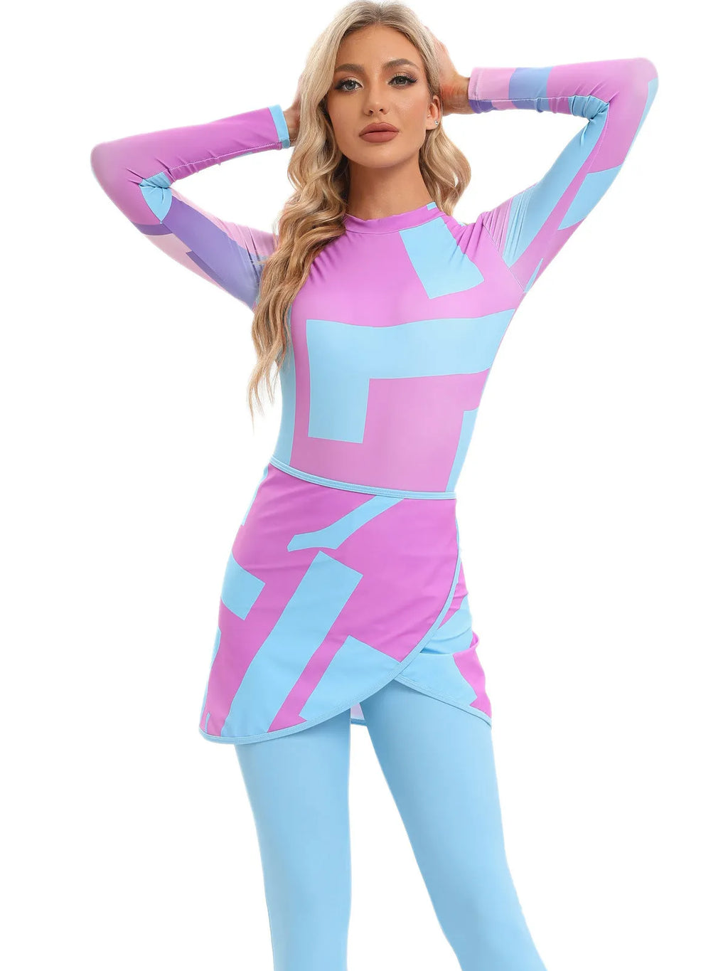 Muslim conservative beach swimsuit three-piece set with apron in polyester fabric