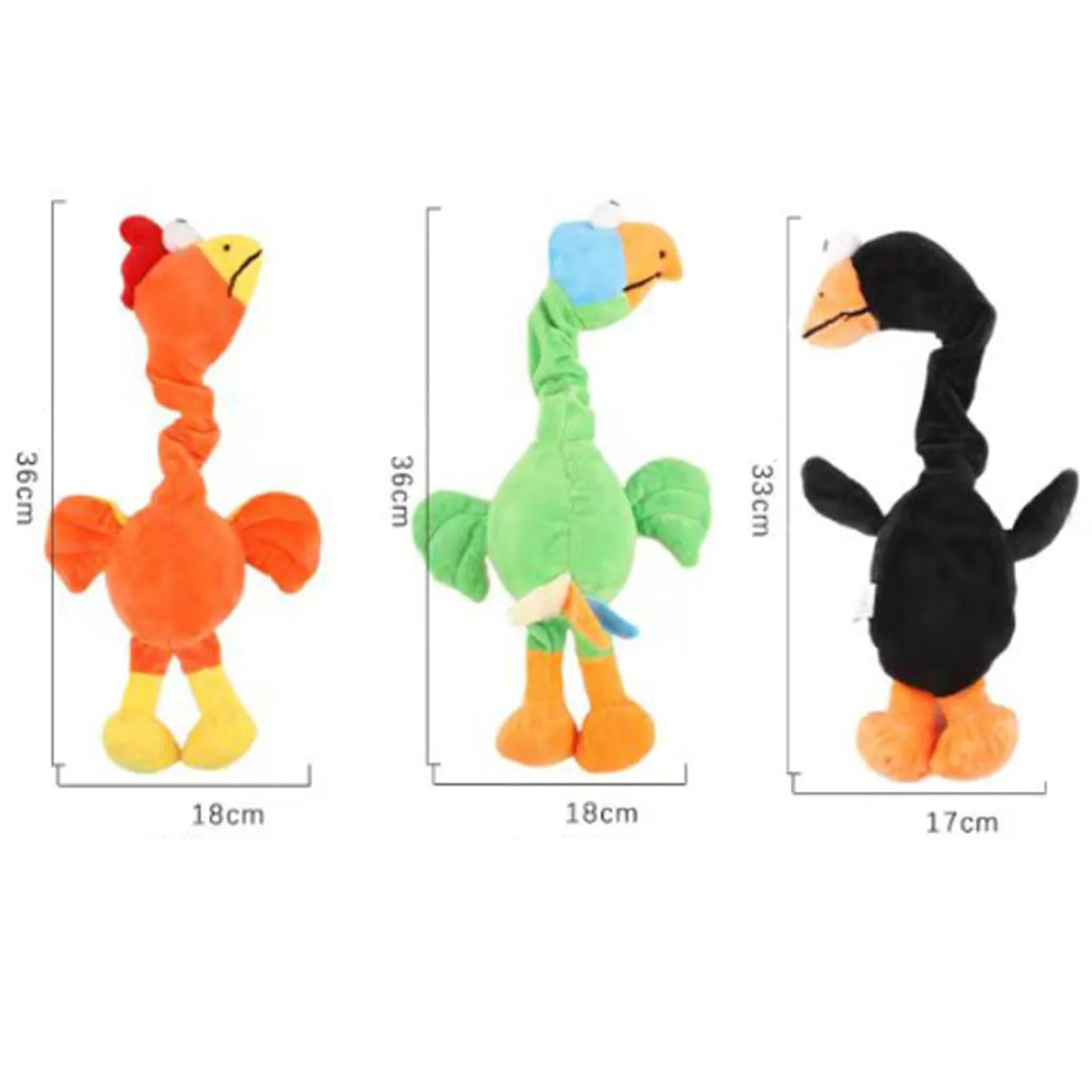 Screaming chicken dog toy in black, green or orange colours with squeaker