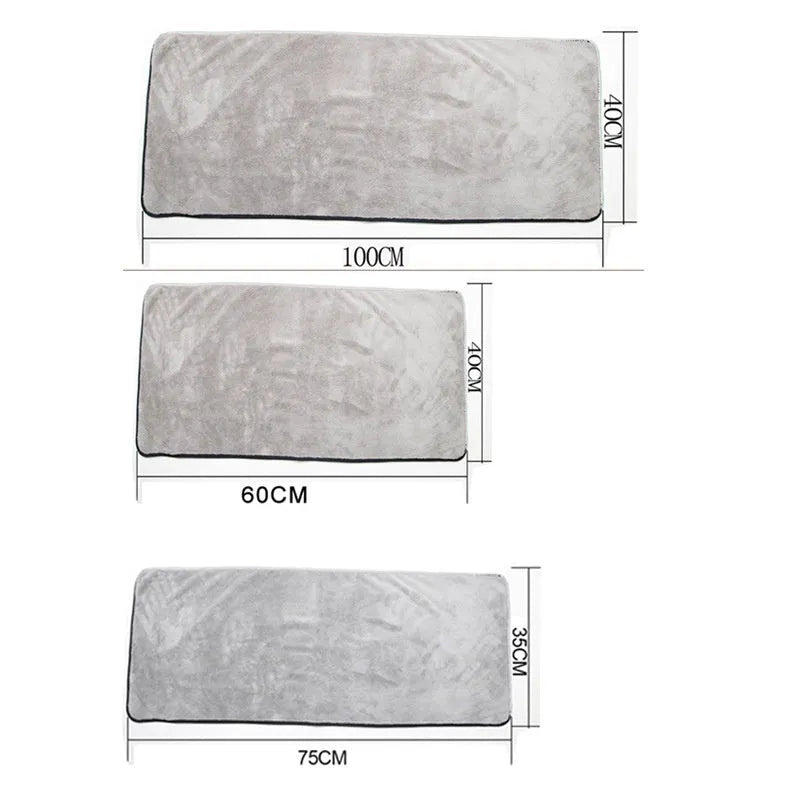 Microfiber car cleaning towel shown in three size variations: 75x35cm, 60x40cm, and 100x40cm.