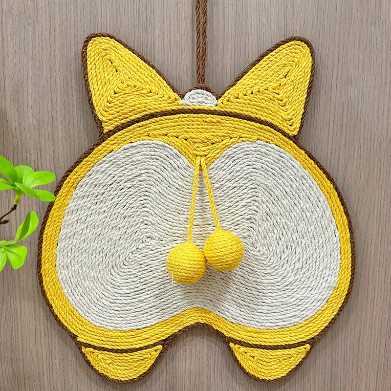 Yellow cat scratching board with a corgi butt design, made from natural sisal with an anti-slip base.
