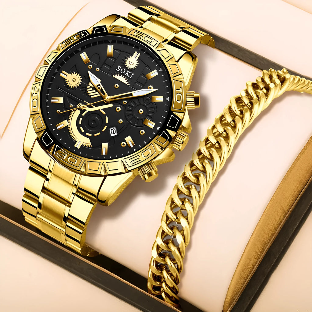 Men's gold business calendar quartz watch with stainless steel strap and buckle