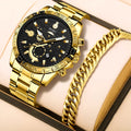 Men's gold business calendar quartz watch with stainless steel strap and buckle