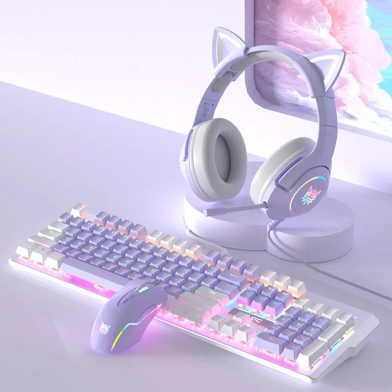 Purple and white mechanical keyboard and mouse wired gaming bundle with backlit keys