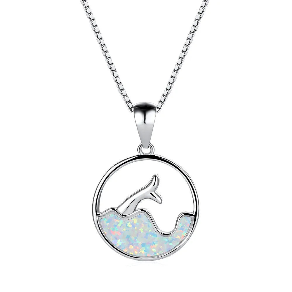 Round copper pendant necklace with sea fishtail geometry design in electroplated platinum blue opal finish