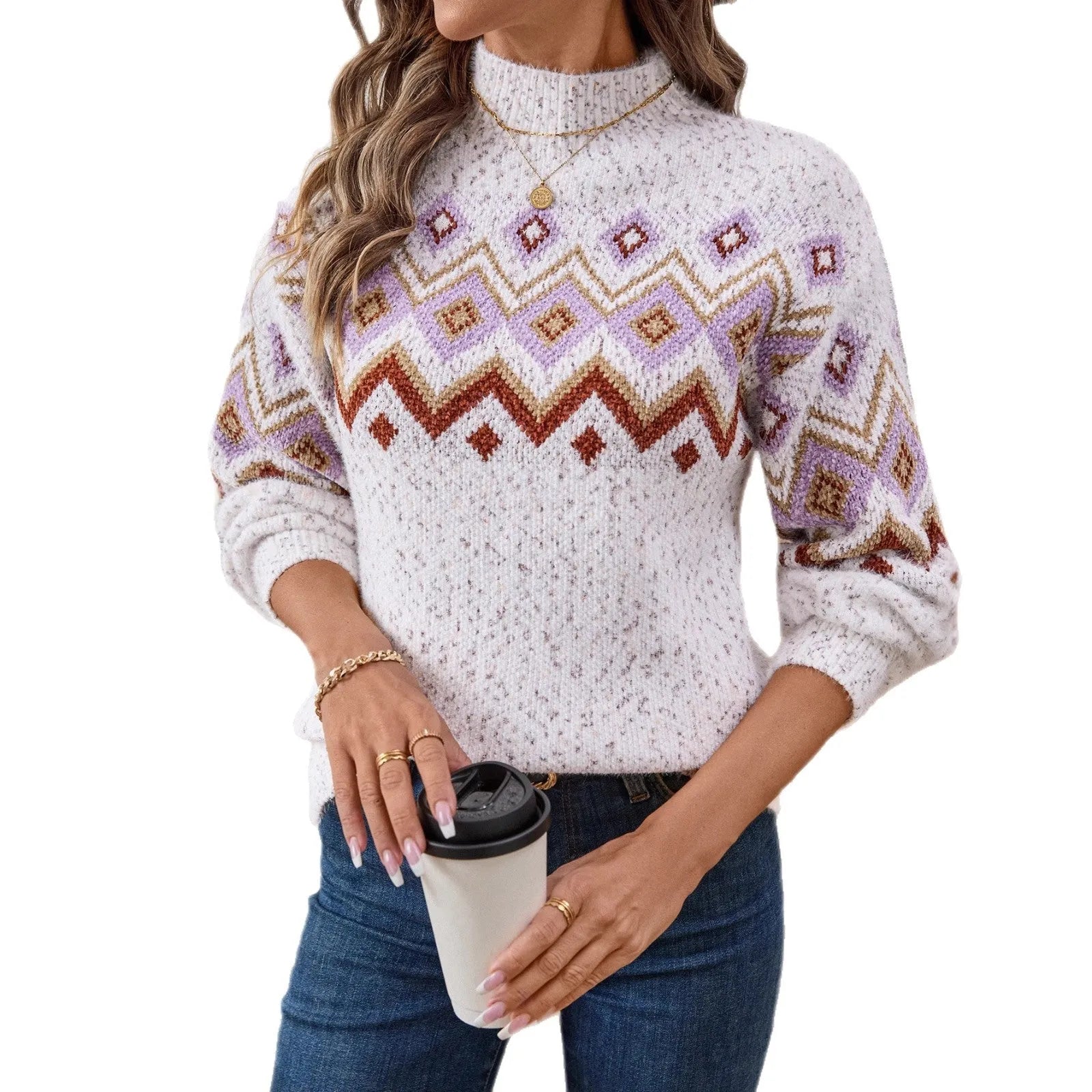 White half turtleneck sweater with geometric Jacquard pattern and loose fit