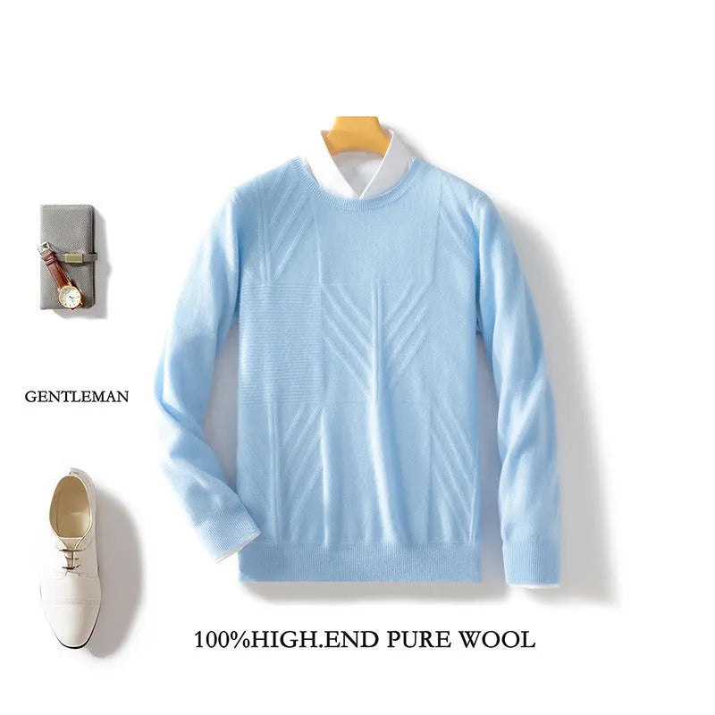 Men's round neck solid colour jacquard sweater loose fit long sleeve pullover in bean green