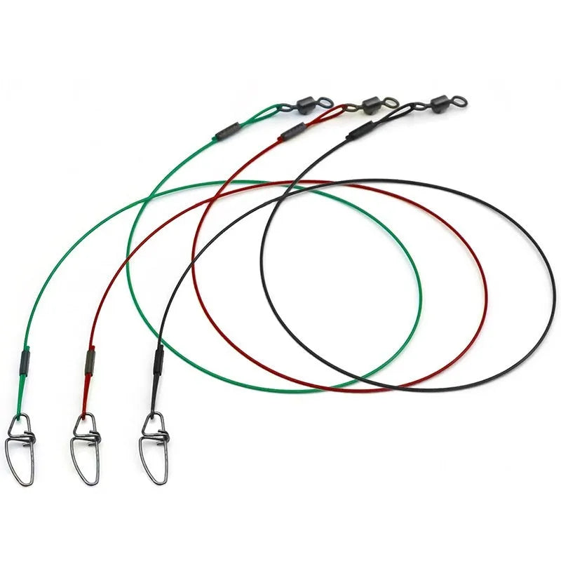 Set of 10 steel wire fishing leaders with double buckle pins in green, black, and red.