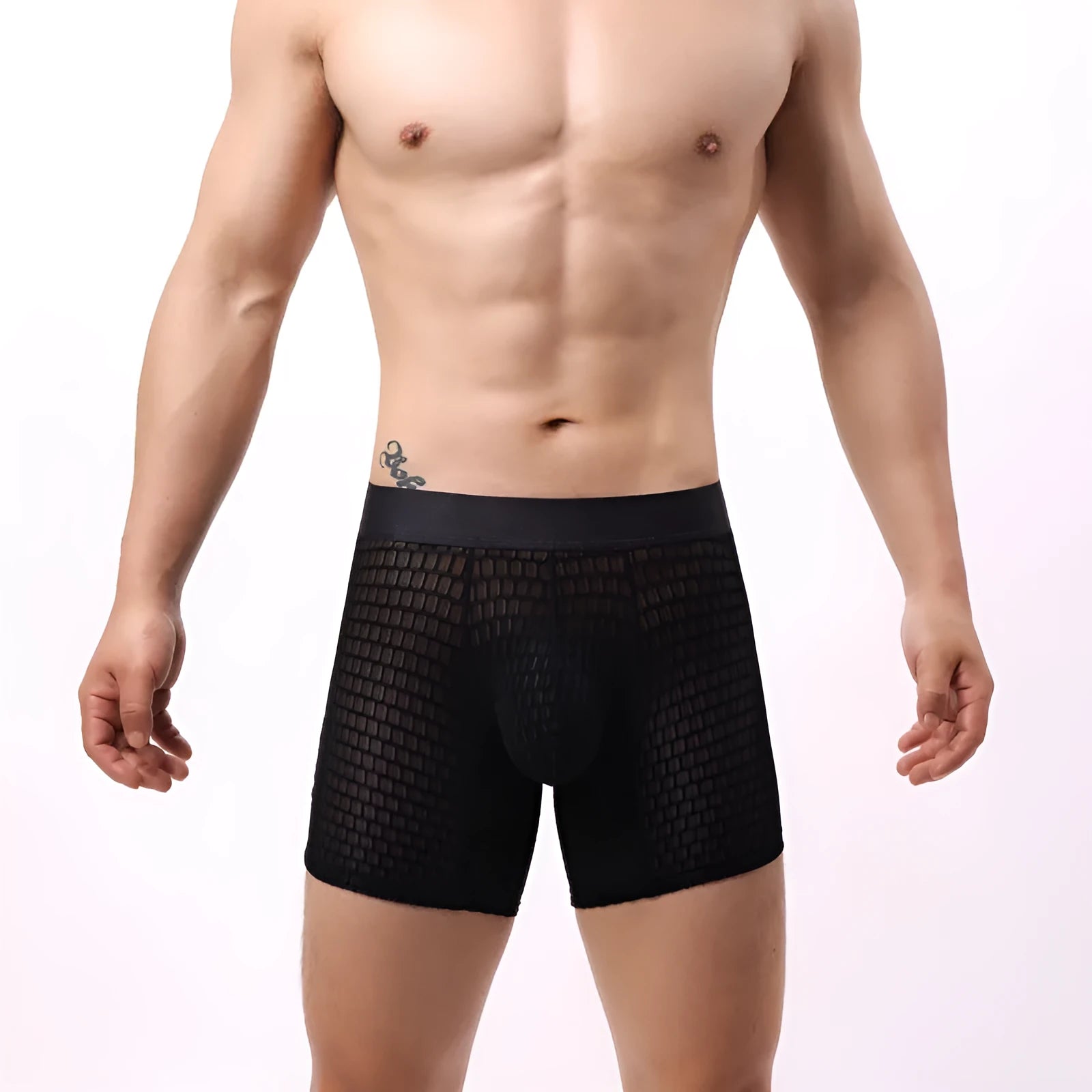 Men's lace mesh boxer shorts in multiple colours showing low waist sport design and geometric pattern.
