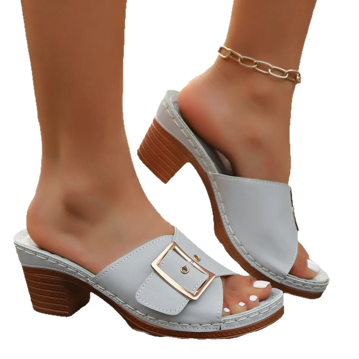 Women's black and light blue chunky heel slippers with metal buckle detail in retro style