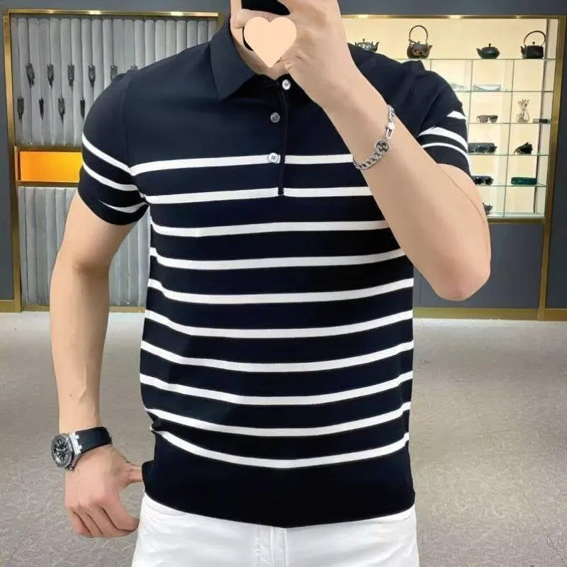 Black and white striped lapel knitted T-shirt pullover with chemical fibre blend construction