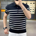 Black and white striped lapel knitted T-shirt pullover with chemical fibre blend construction