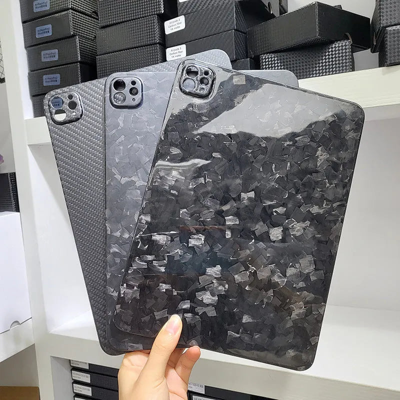 Hard carbon fibre protective case for iPad Pro 11 inch showing plaid pattern and one of three available finishes.
