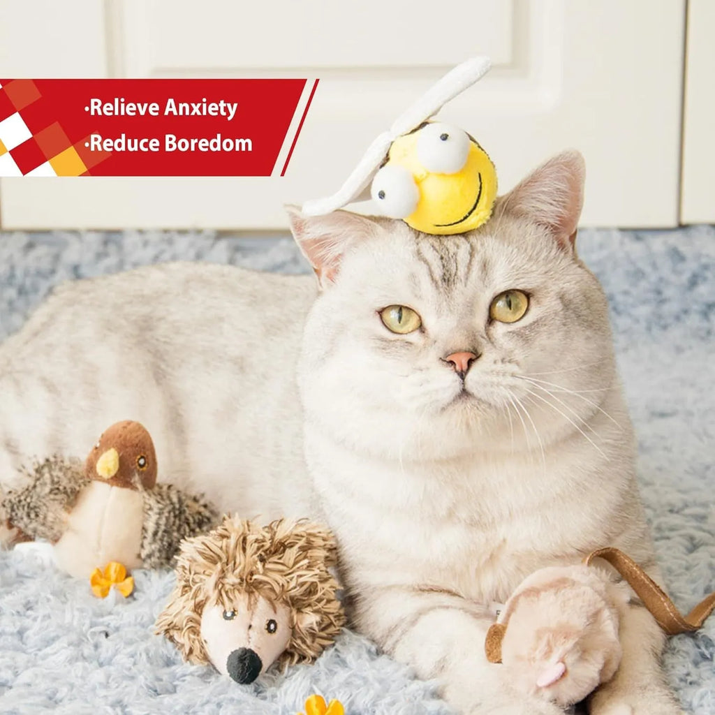 Yellow bee-shaped interactive cat toy with motion-activated squeaking sounds
