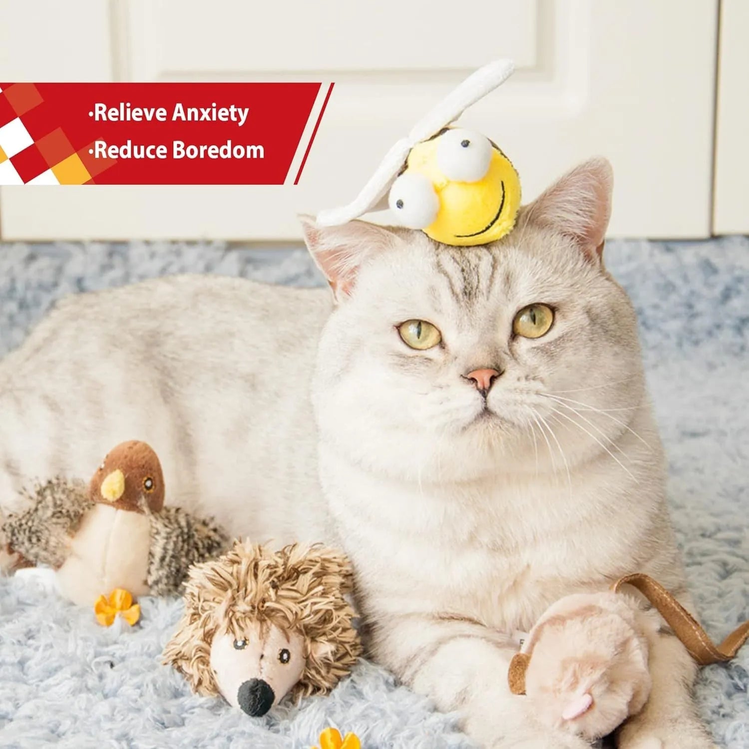 Yellow bee-shaped interactive cat toy with motion-activated squeaking sounds