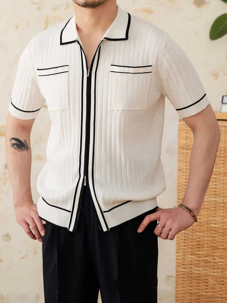 Men's slim fit black lapel polo shirt with short sleeves on a hanger