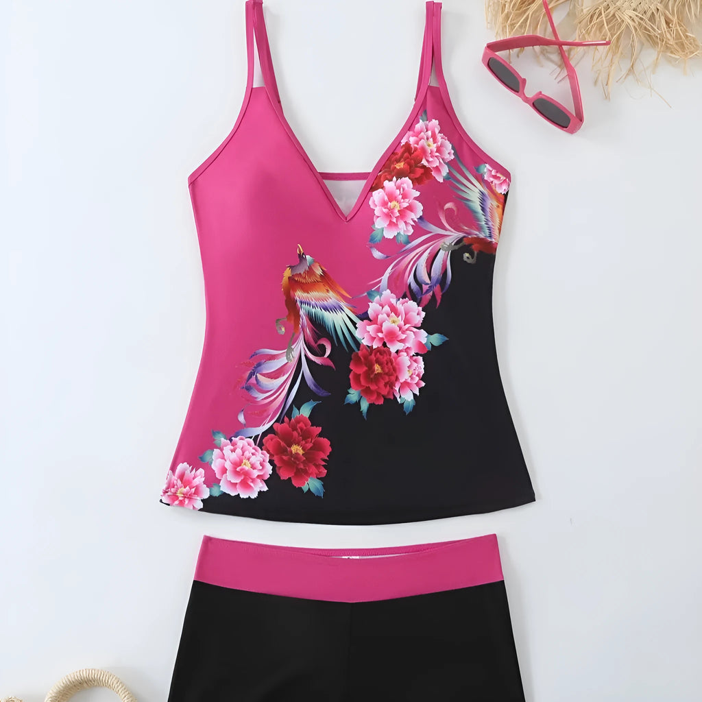 Plus size women's printed two-piece swimsuit in black or rose red with a cotton lining.