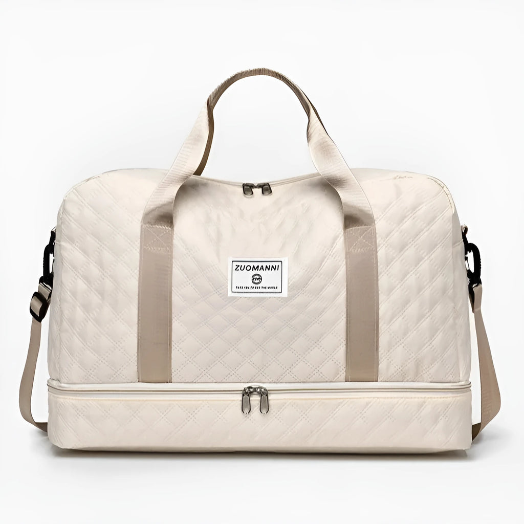 Large Oxford cloth leisure travel bag in a solid colour with a 36-55L capacity and breathable lining.