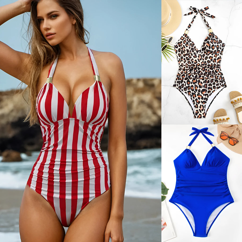 Women's quick-drying swimwear in leopard print and striped patterns, showing elastic fit.