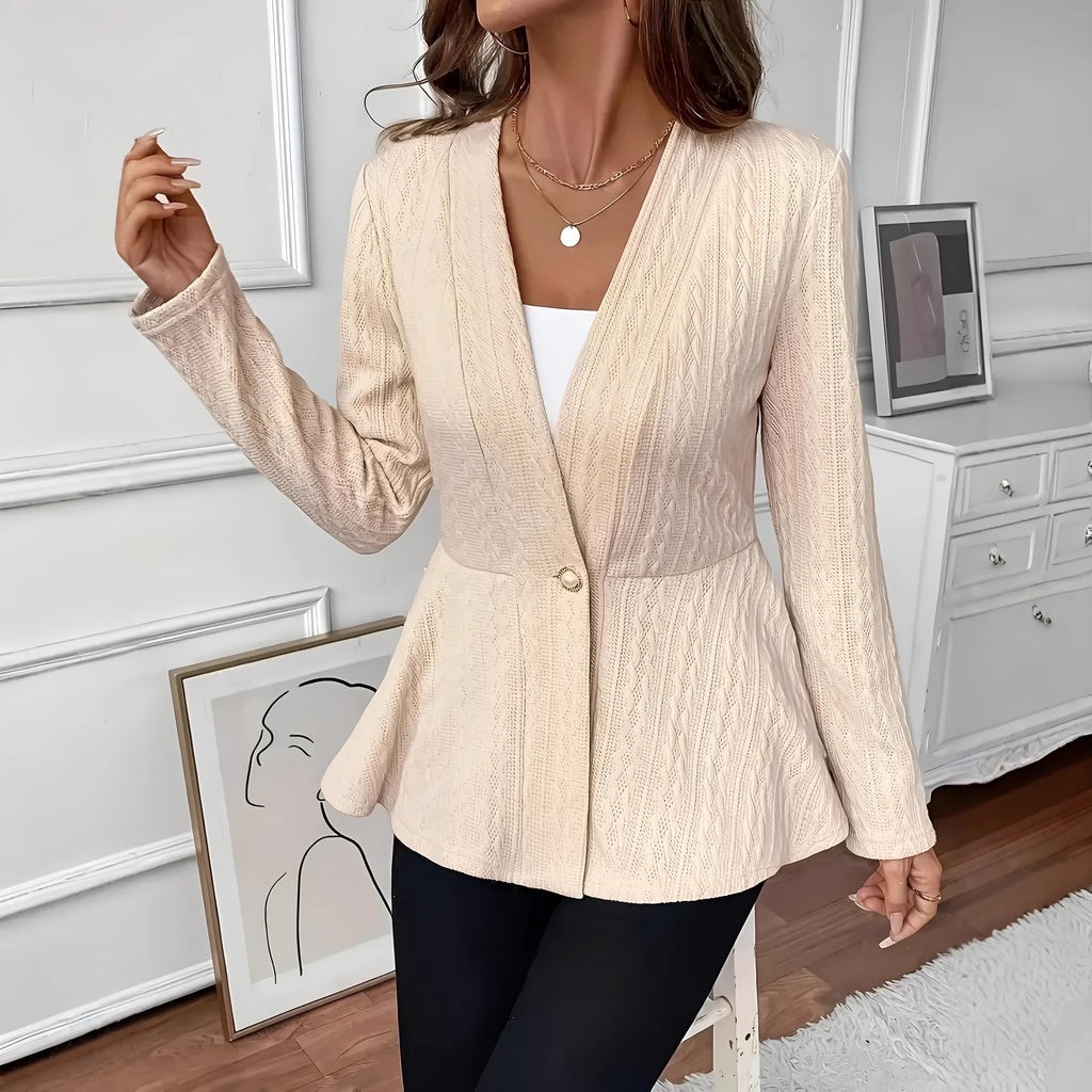 Women's apricot Jacquard pattern knitted cardigan with one button closure and long sleeves