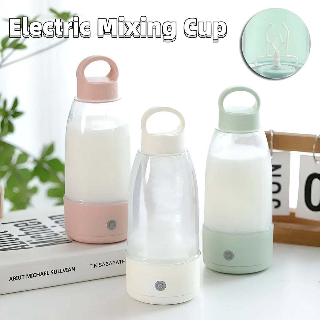 Automatic electric shaker bottle in green, pink, or white with USB charging port and handle.