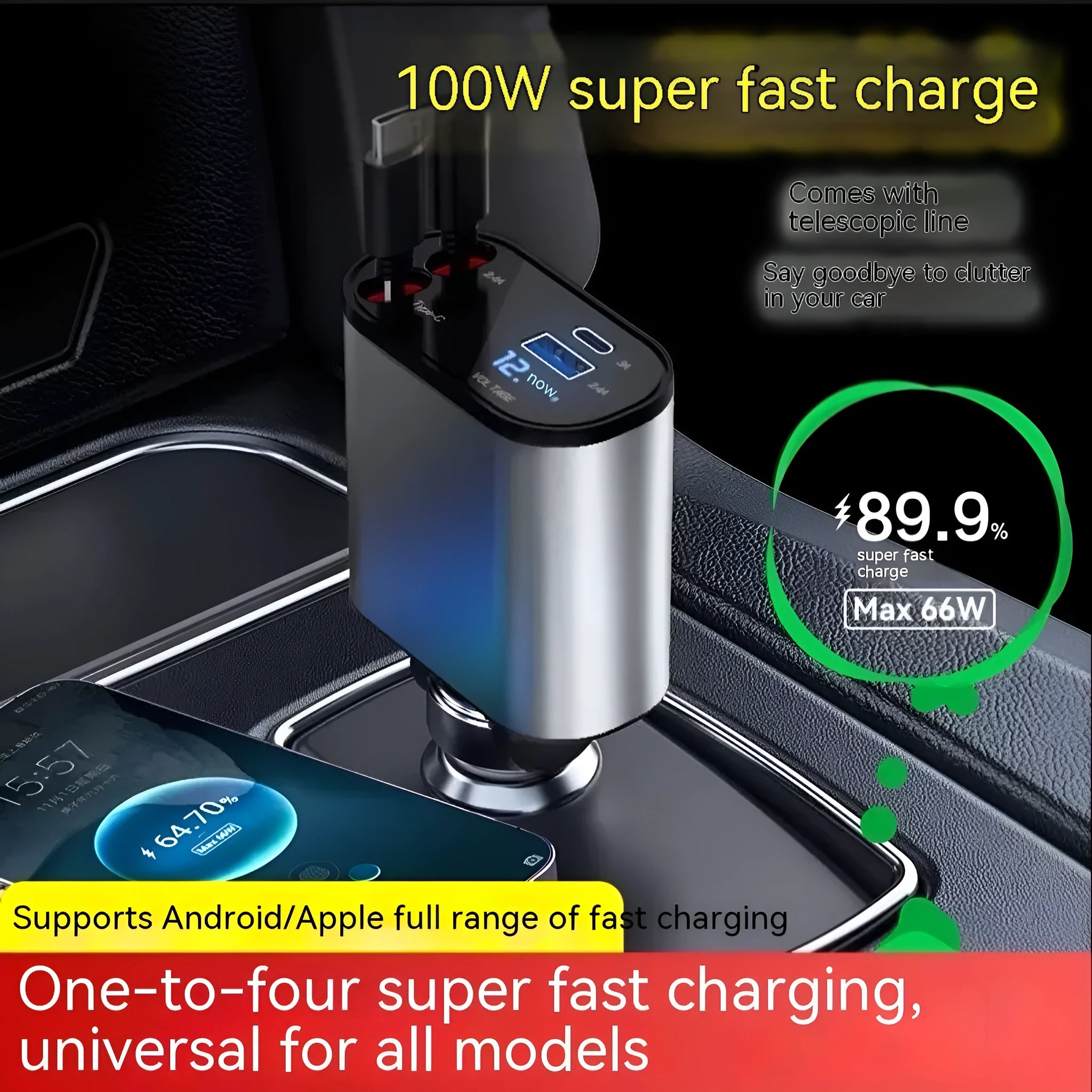Retractable car charger with four USB ports, plugged into a vehicle cigarette lighter socket.