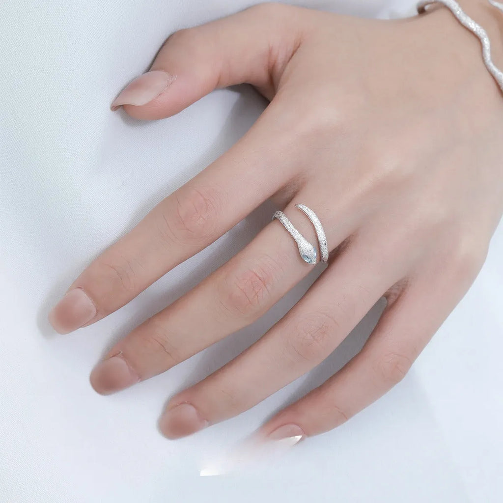 Silver electroplated snake ring with adjustable opening in platinum white gold colour