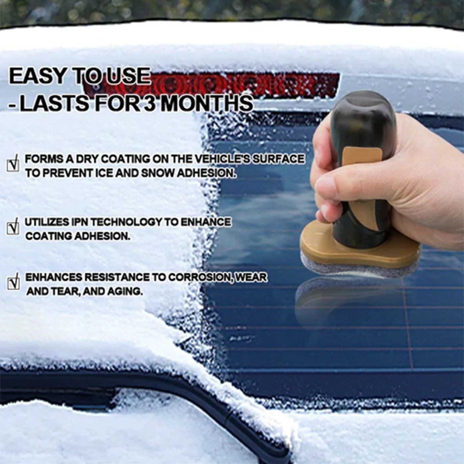 Compact hydrophobic nano coating car snow brush with a built-in detailing tool on a white background