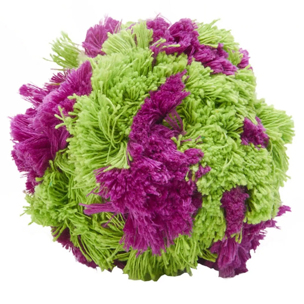 Purple plush dog ball toy with seaweed knot texture for chewing and interactive play