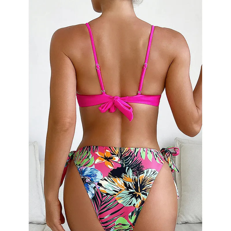 Rose red women's bikini with braided rope detailing for swimming