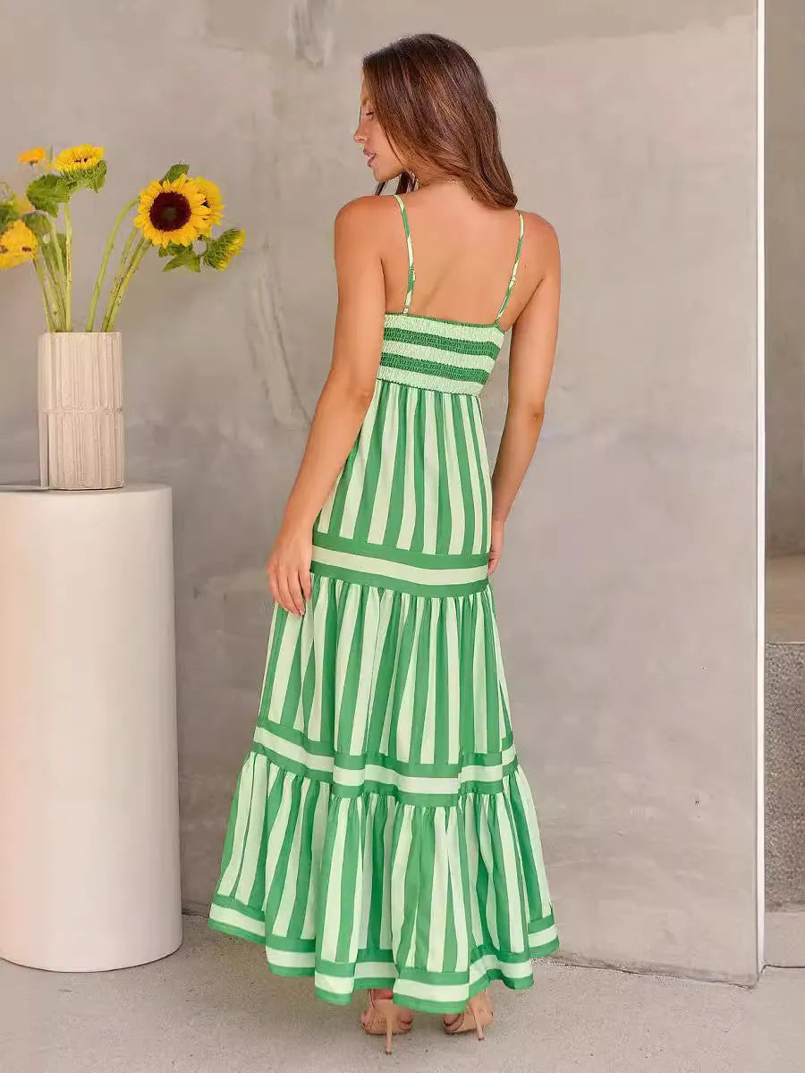 Women's striped backless suspender long dress with square neckline and pockets.