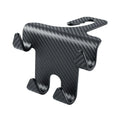 Black ABS car storage hook with carbon fibre pattern, combining a bag hook and mobile phone holder for rear seat installation.