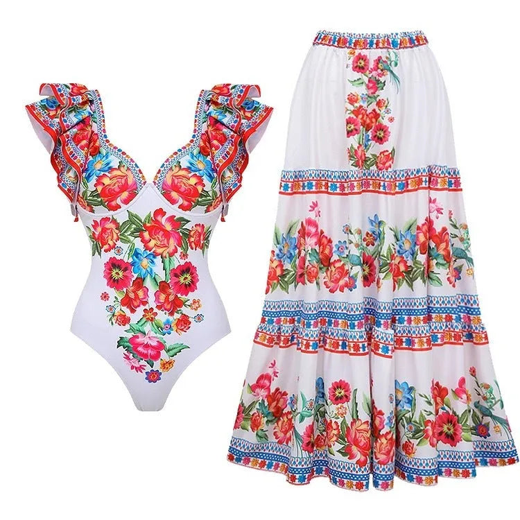 Women's printed polyester one-piece swimsuit with lining in rose pink colour