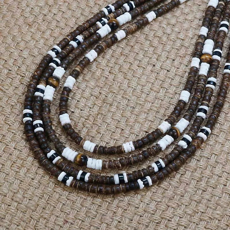 Men tribe ethnic coconut shell necklace with 5mm beads and natural stone, 46cm chain length, tribal style.