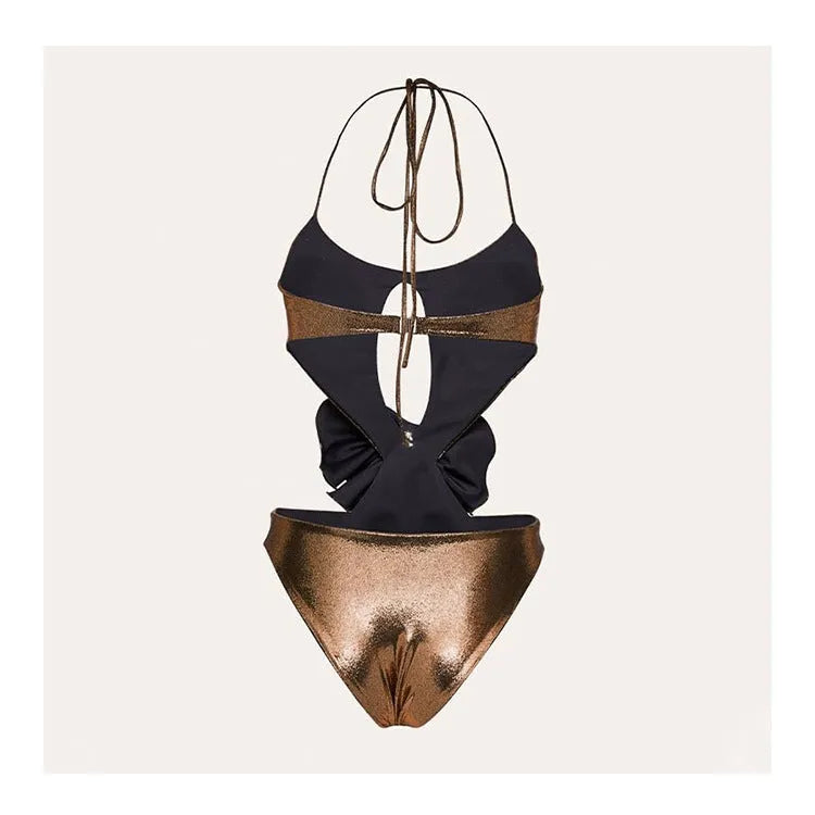 Gold handmade halter one-piece swimsuit with hollow-out design on mannequin