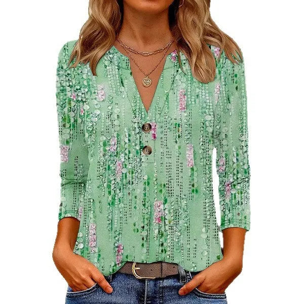 Women's loose fit V-neck top with 3D pattern in casual Japanese Korean style