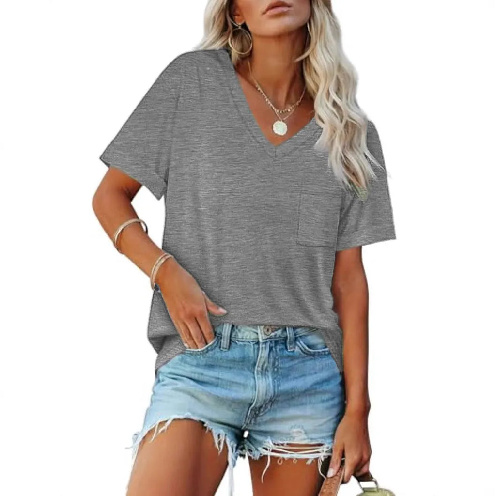 Grey loose fit V-neck t-shirt with front pocket and short sleeves