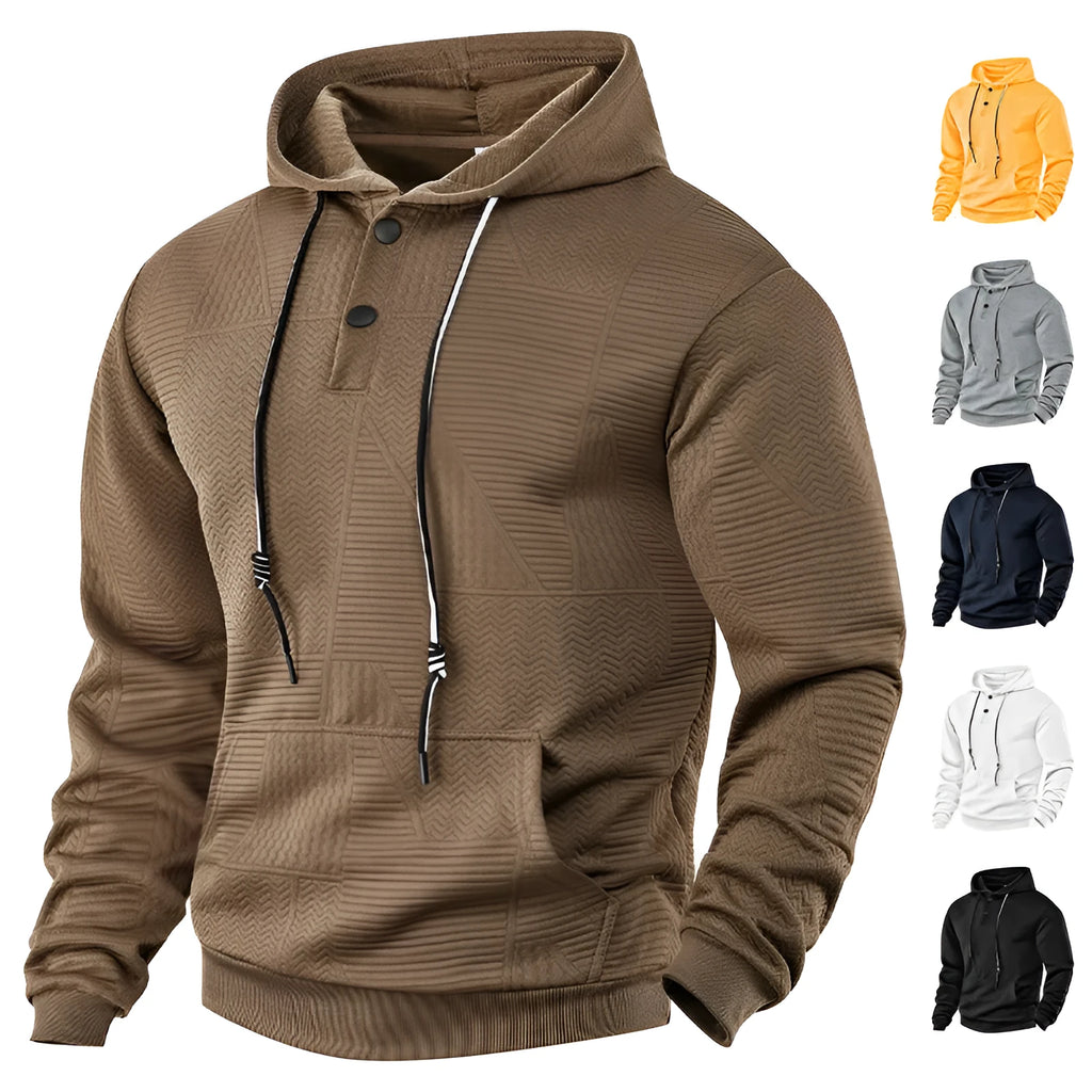 Men's pullover hooded sweater in solid colour, loose fit, long sleeve, available in six colours