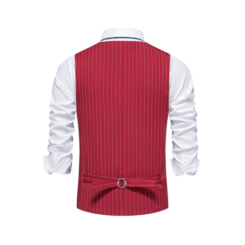 Men's striped formal suit vest in polyester with non-ironing finish on a hanger.