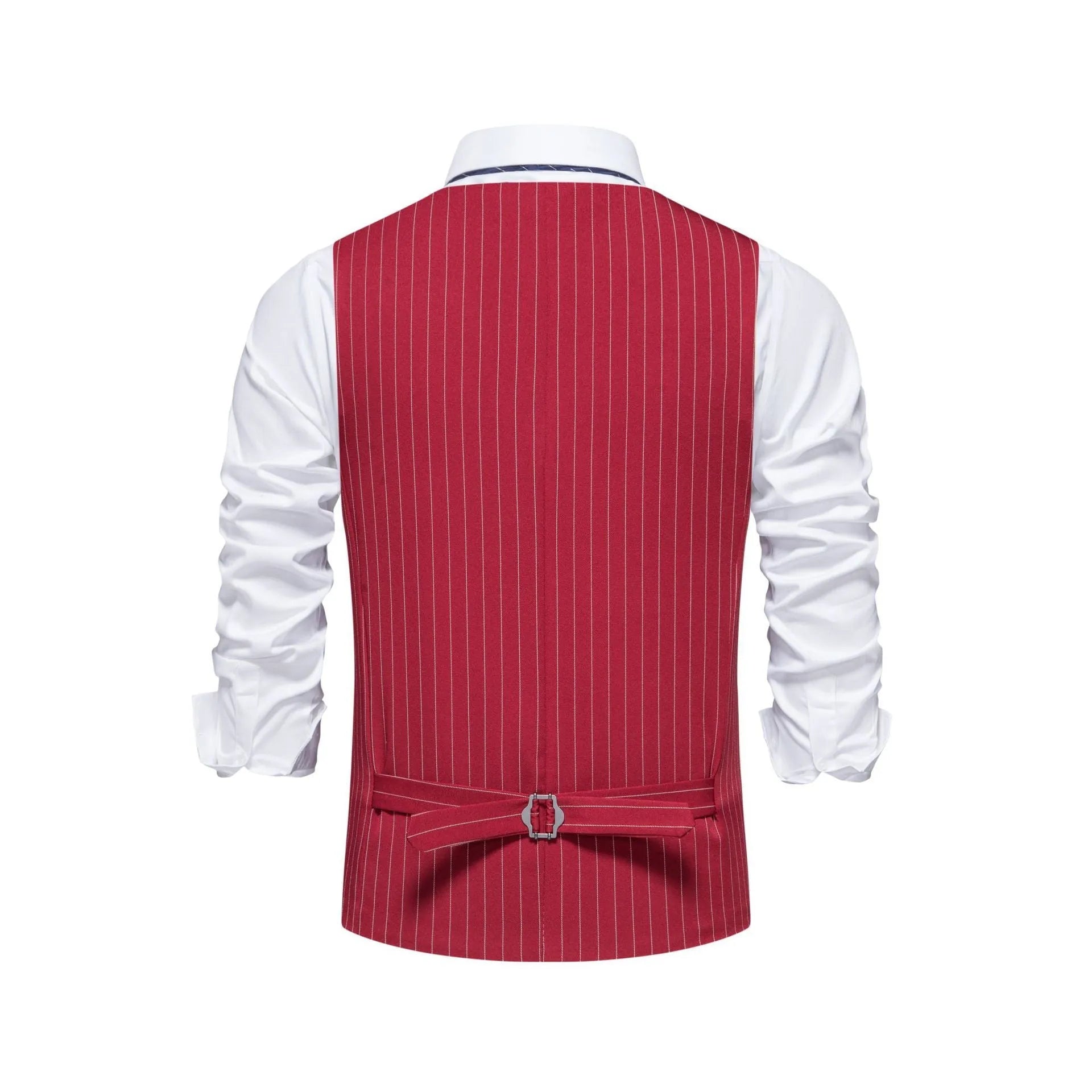 Men's striped formal suit vest in polyester with non-ironing finish on a hanger.