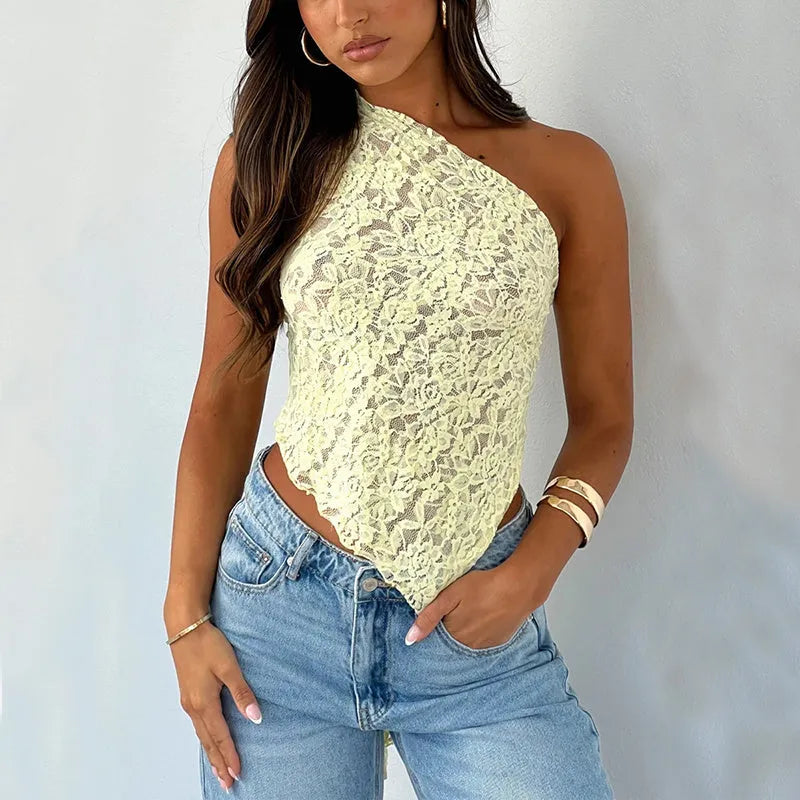 Women's sleeveless lace backless top with asymmetrical neck in multiple colour options