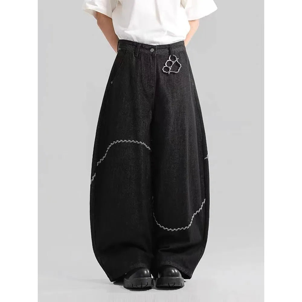 Black straight-leg denim trousers with micro-elastic stretch for men's autumn winter casual wear