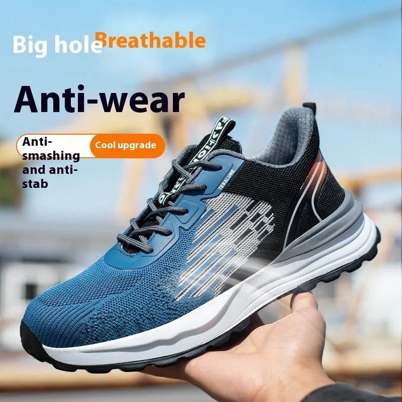 Blue men's safety work shoes with mesh upper, plastic toe cap, and lace-up front.