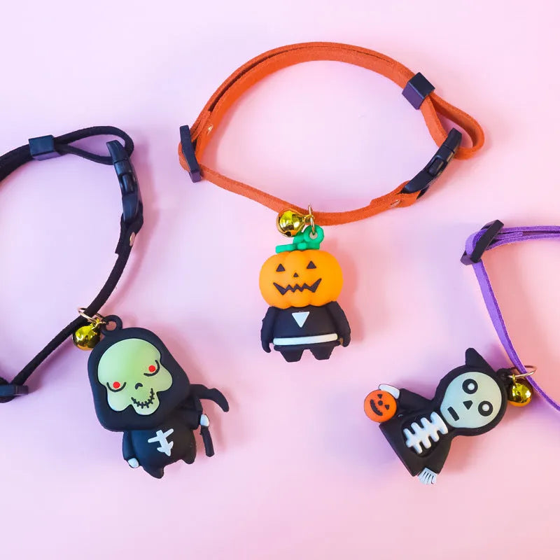 Halloween pet collar decoration in polyester showing cartoon patterns of Pumpkin Man, luminous brat, and luminous skull with four size options.