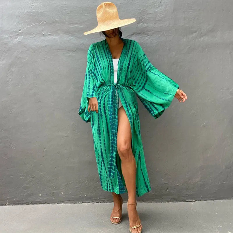 Printed loose beach cover-up shirt in cotton with long sleeves for sun protection