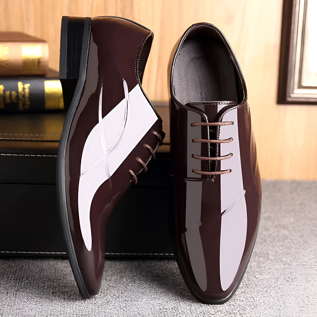 Men's black and brown business formal shoes with pointed toe and artificial PU upper
