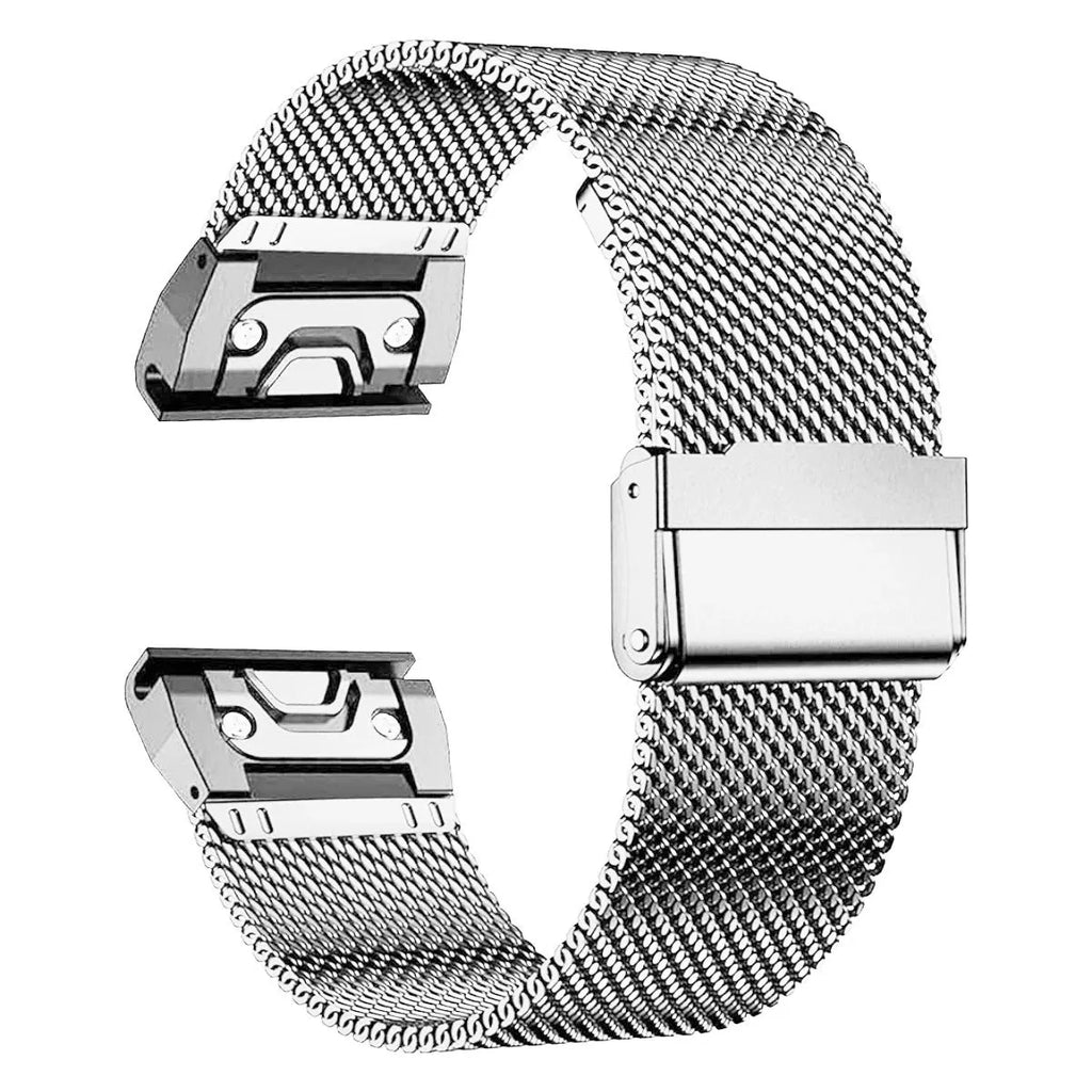 Stainless steel metal link bracelet strap for Garmin Fenix 7 and 6 series smartwatches in silver finish.