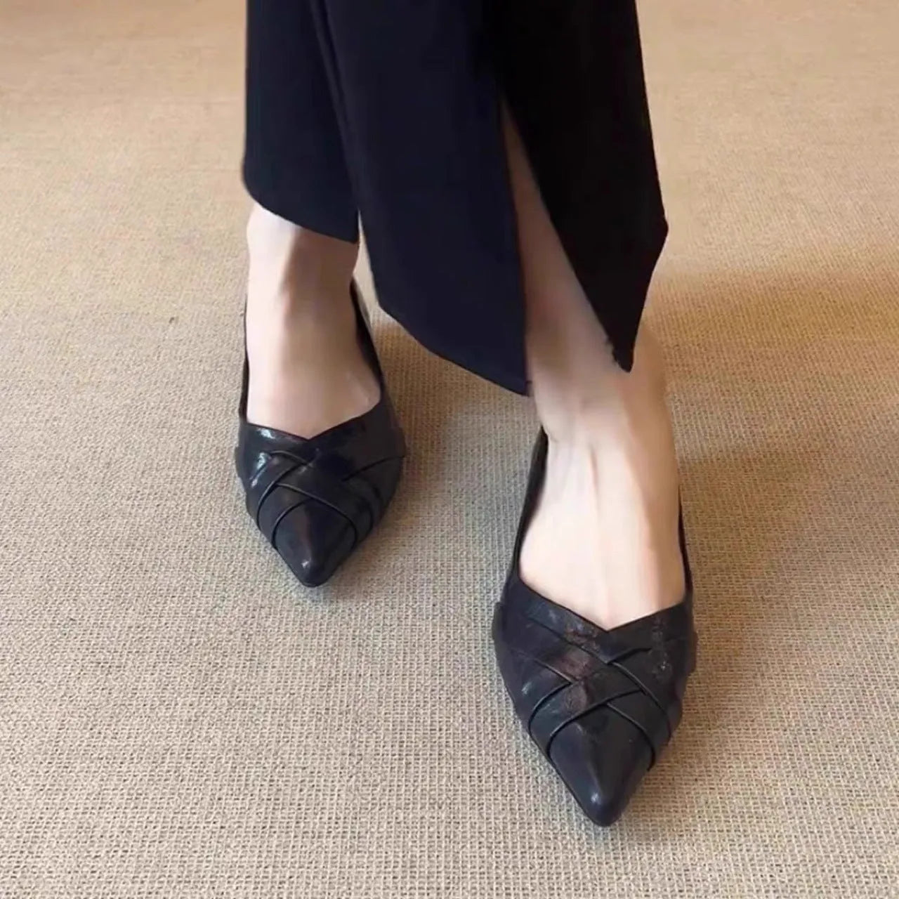 French minimalist pointed toe flat pumps with height increasing insole, solid colour, flanging details