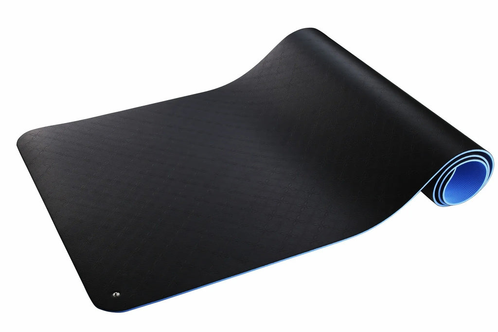 Blue conductive yoga mat with plant pattern and grounding wire, dimensions 182cm by 61cm.