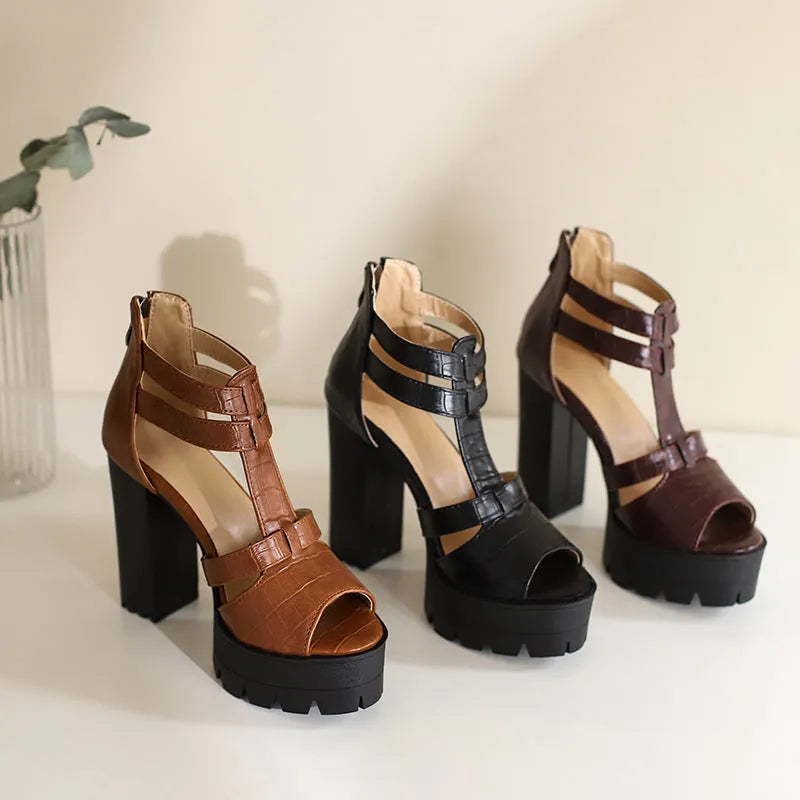 Platform high heel sandals with back zipper in black, wine red, and yellow colours.