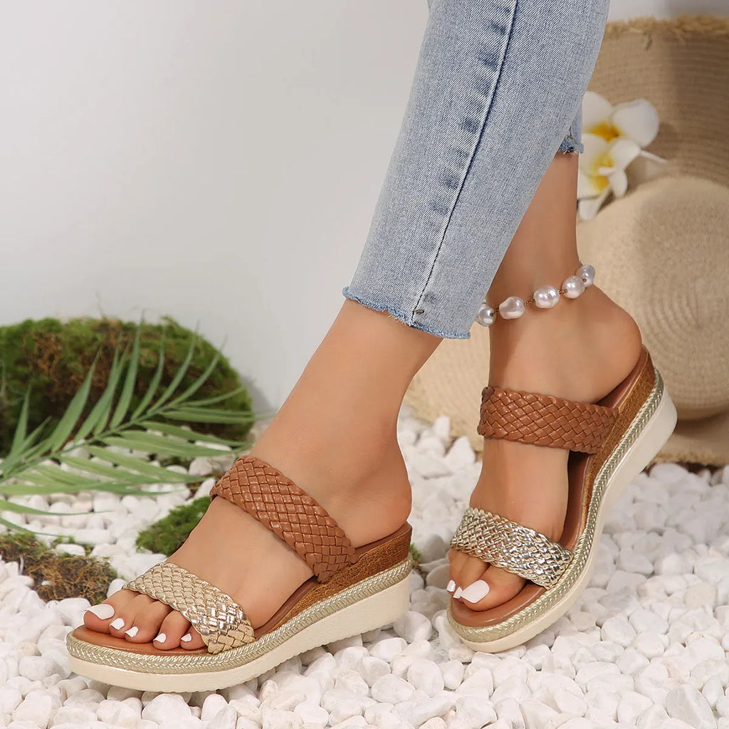 Gold and silver women's wedge sandals with PU upper and rubber sole on size chart 36-43